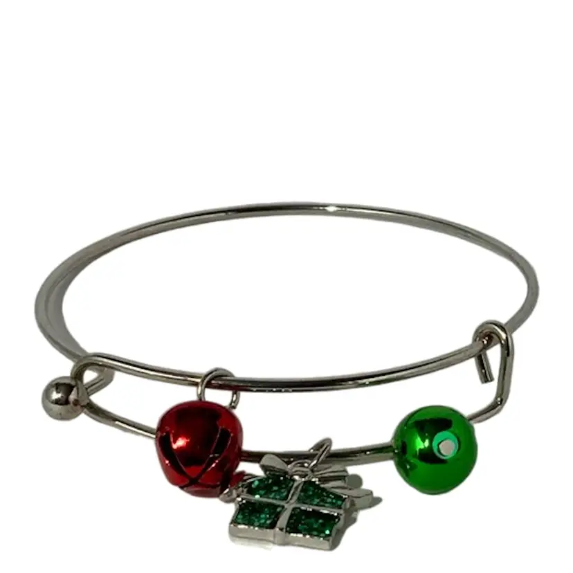 Sparkly Shinny  Vintage 8 1/2 inch Round Double  Loop Bracelets Silver With Green And Red Christmas Ornament And Green Christmas Present Charms Jewelry Bangle