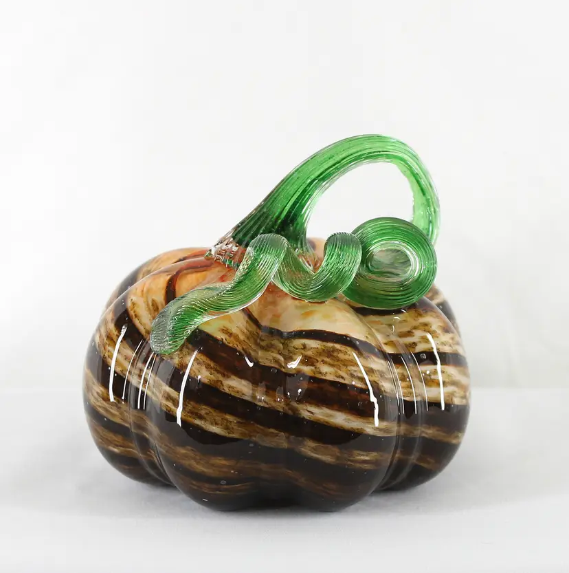 Art Glass Pumpkin Paperweight with Coiled Stem Hand-Blown (A)