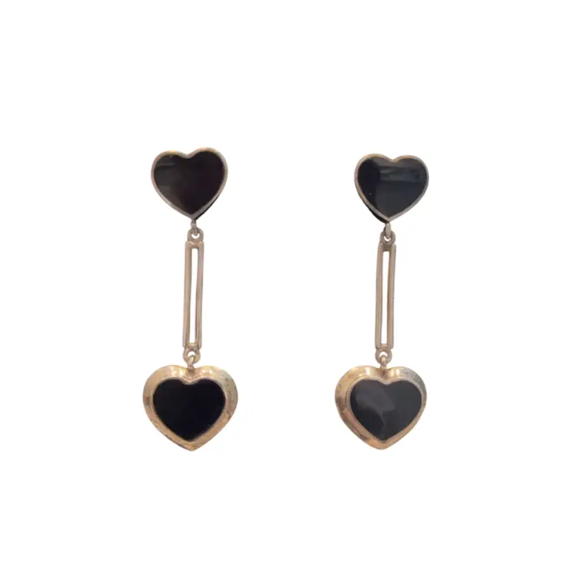 Vintage Sterling Silver Black Onyx Inlay Double Heart Dangle Earrings 2”, 10g