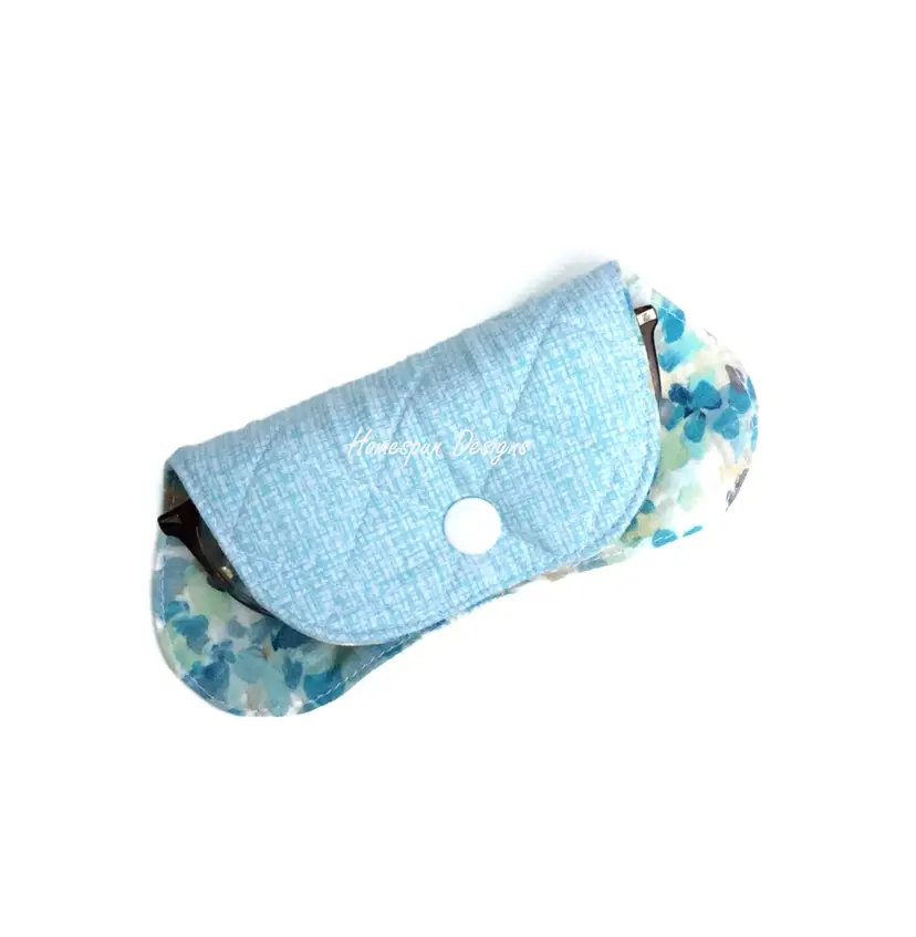 Blue Scattered Flowers Handmade Fabric Quilted Eyeglass & Cord Case