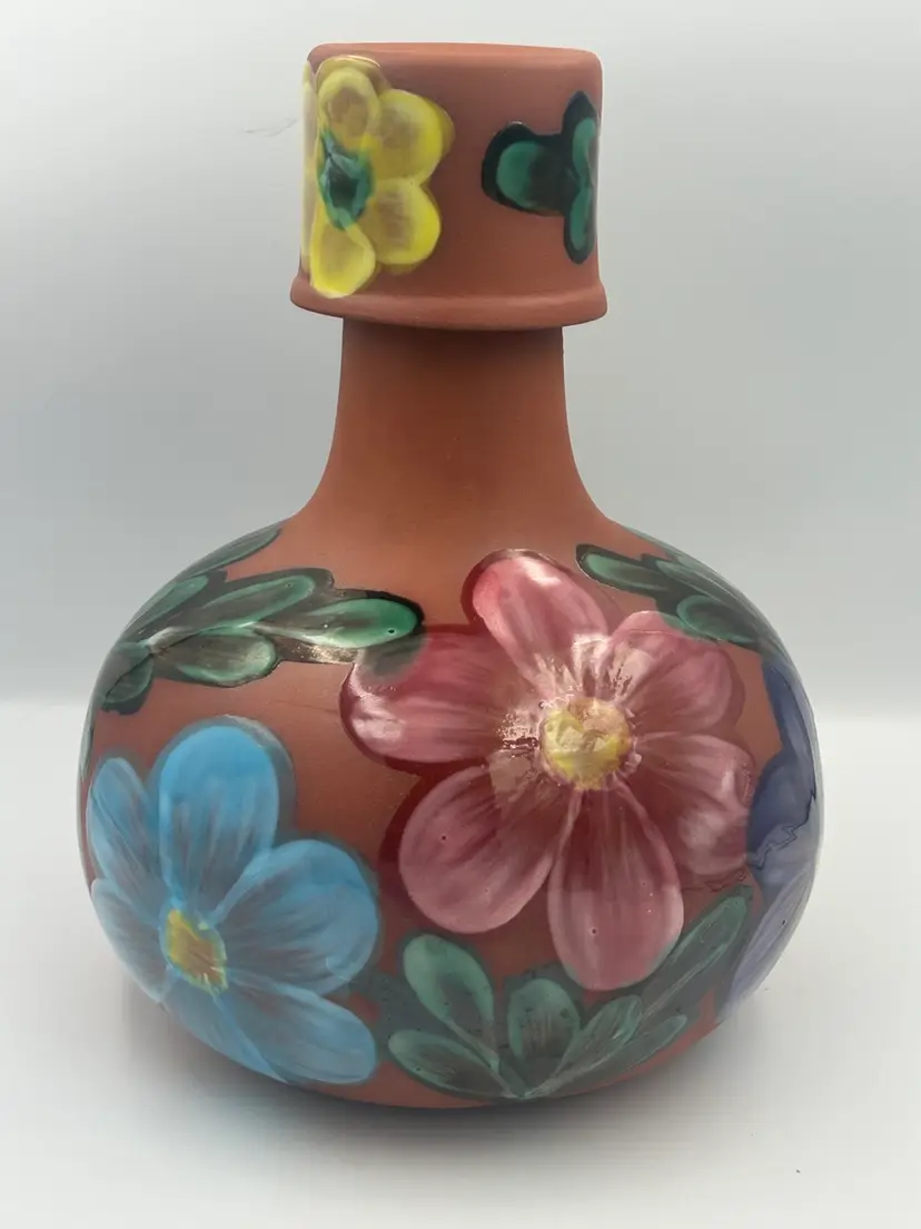 Hand Painted Mexican Clay Pottery, WaterJug Carafe And Cup Floral Design