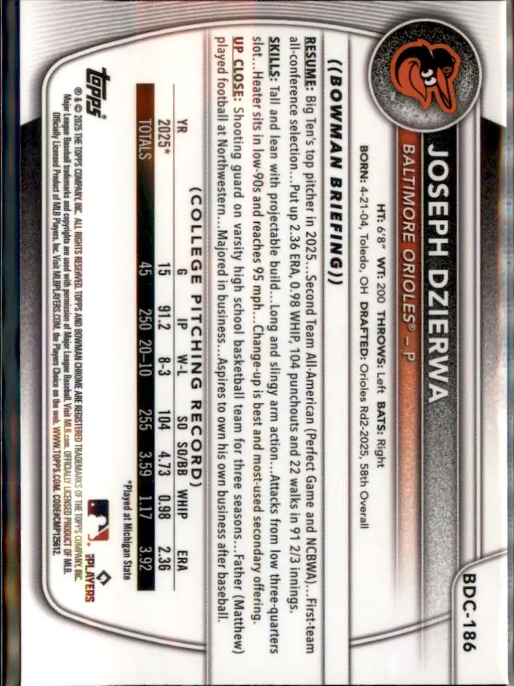 2025 Bowman Draft #BDC-186 Joseph Dzierwa Chrome - (138) - Baltimore Orioles
