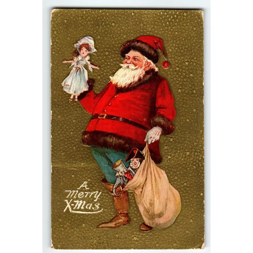 Santa Claus Christmas Postcard Jolly Saint Nick Holds Toy Doll Embossed Vintage