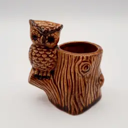Owl On Tree Stump Brown Mini Planter Vase Toothpick Holder