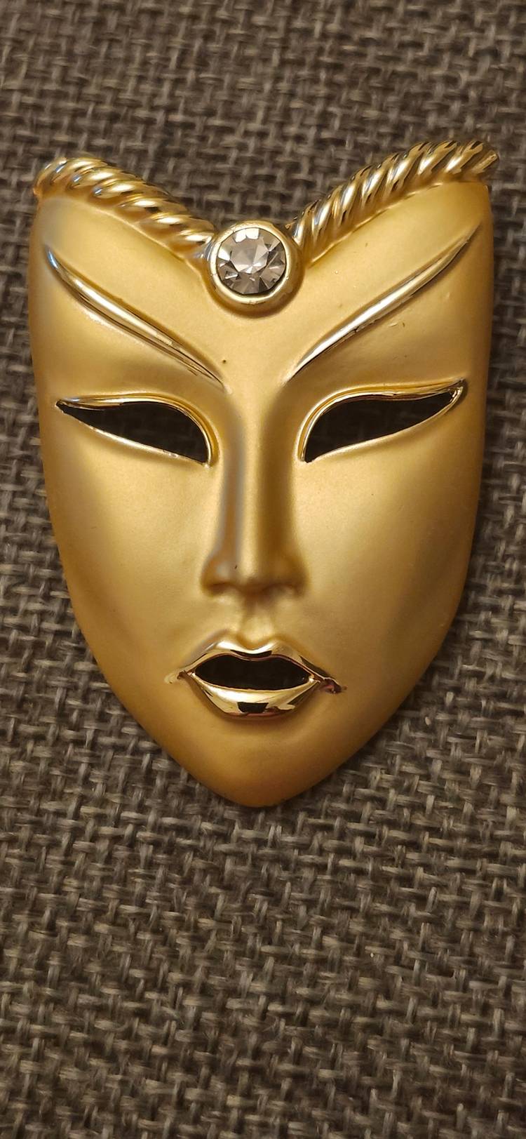 Vintage Mask Pin Brooch Brushed Gold Rhinestone Face Chunky 1980s