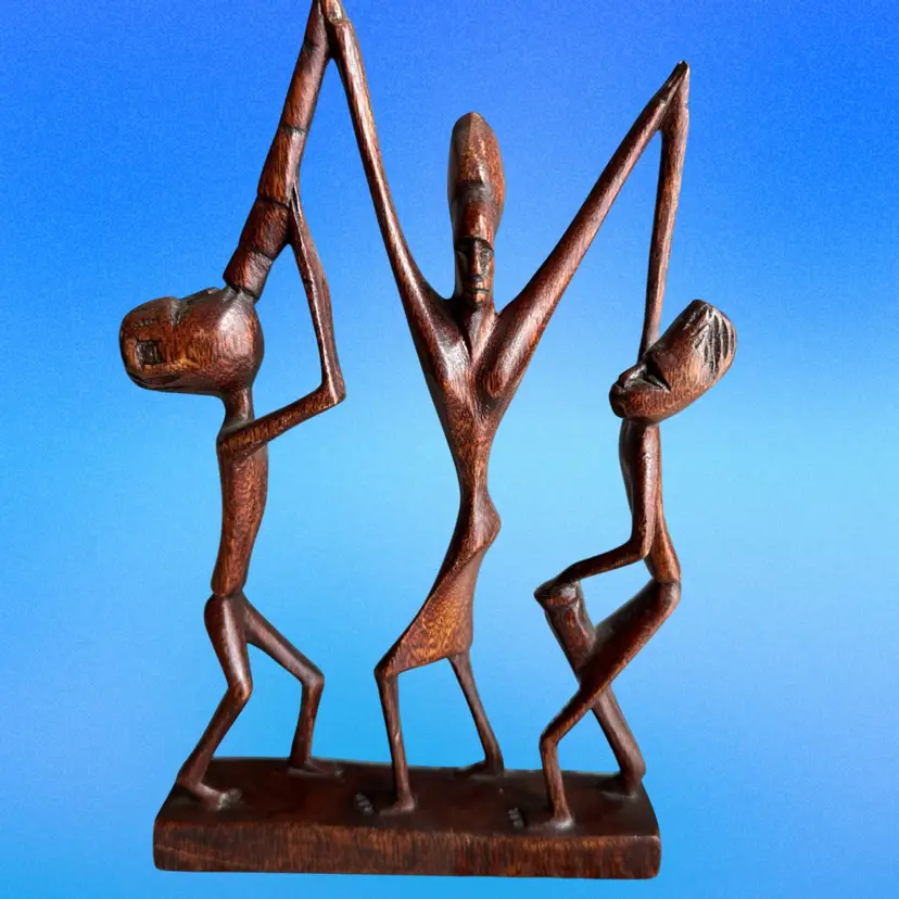 VINTAGE Three 7" African Wooden Dancers Hand  Carved Wood Tribal Art  Signed