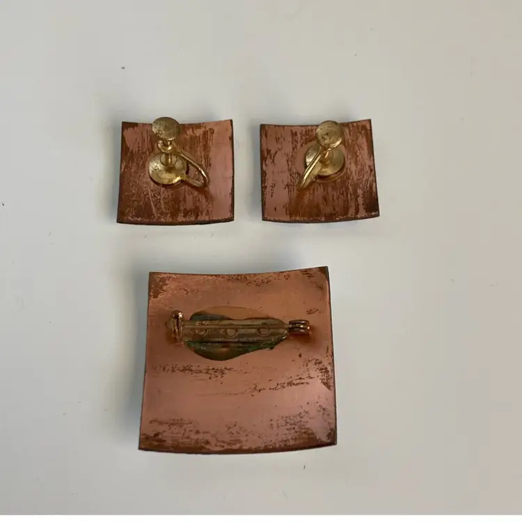 Vintage Artisan White & Blue Copper Enamel Earrings With Matching Brooch