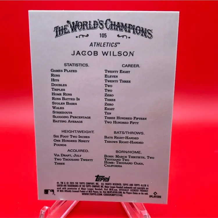 Jacob Wilson 2025 Topps Allen & Ginter RC Purple Chrome 48/75