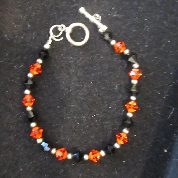 Vintage .925 Sterling Silver Signed Faceted Black & Orange Glass Crystal Bracelet - 7.75 Inches Long