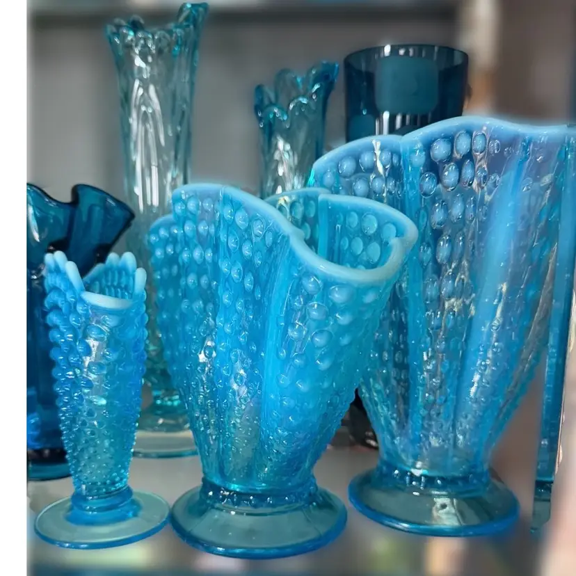030.  Vintage Fenton Blue Opalescent Hobnail Vases