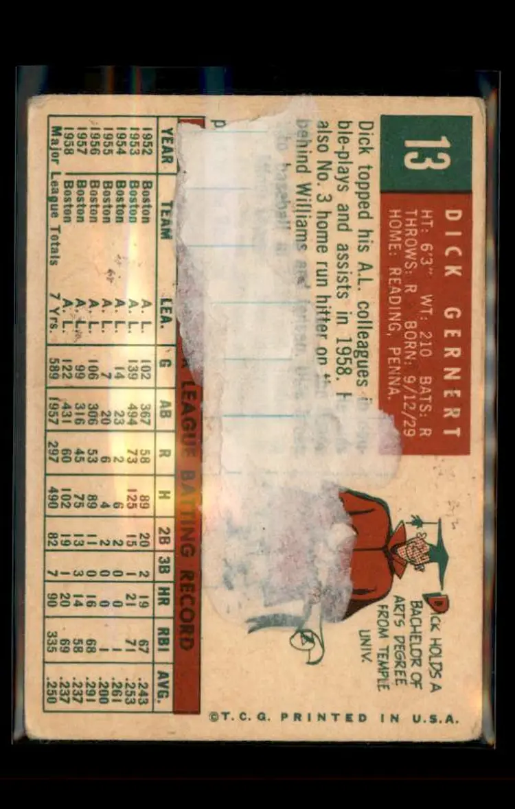 1959 Topps #13 Dick Gernert - (pk4) - Boston Red Sox