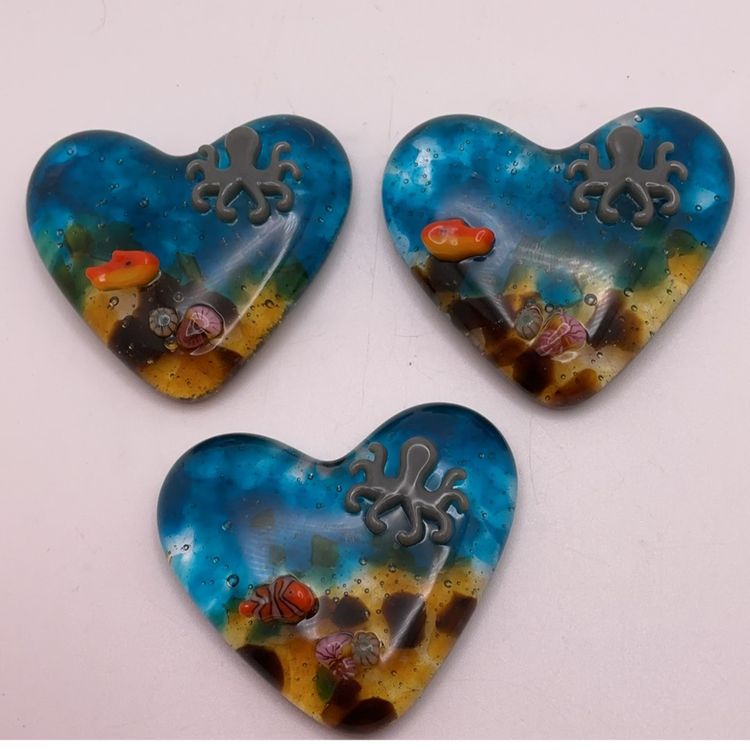 Made by Me! Fused Glass Heart with 3D Octopus and Fish 1 3/4" Handcrafted Studio Art