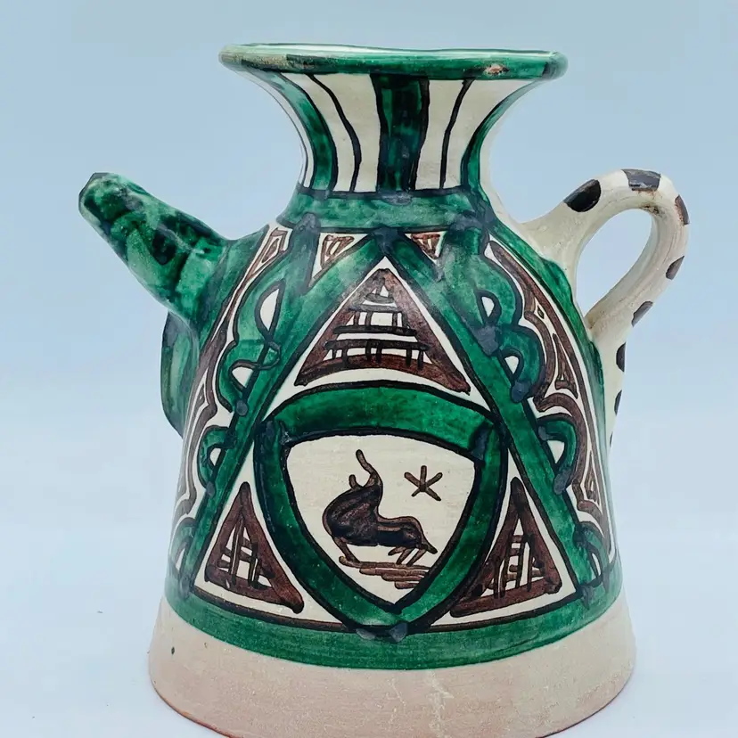 Vintage Pottery Pitcher Green Brown Hand Painted Surface Signed Domingo Punter