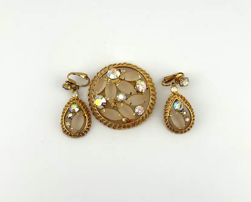 Vintage Gold Tone Satin Navette and Round AB Stone Brooch and Clip-on Earring Set