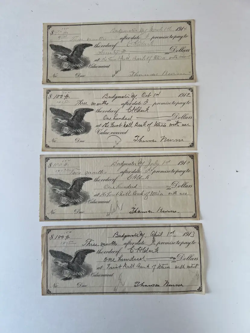 Antique Promissory Notes. 1912-1914. Eagle Vignette Ephemera First National Bank Utica NY