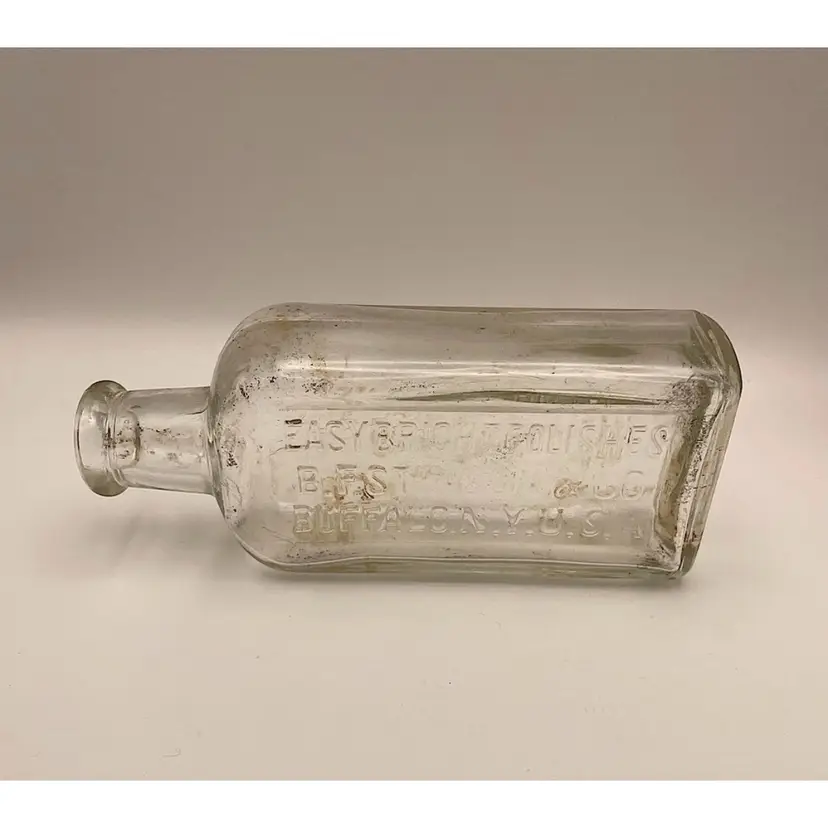 Easy Bright Polishes, BF Stinson & CO., Buffalo, NY USA
Early 1900’s Clear Glass Trade Bottle