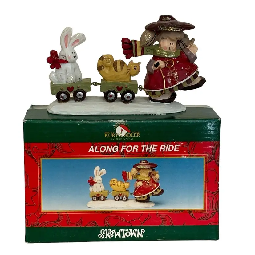 Kurt S. Adler Snowtown Along for the Ride Figurine Girl Pulling Cat & Bunny