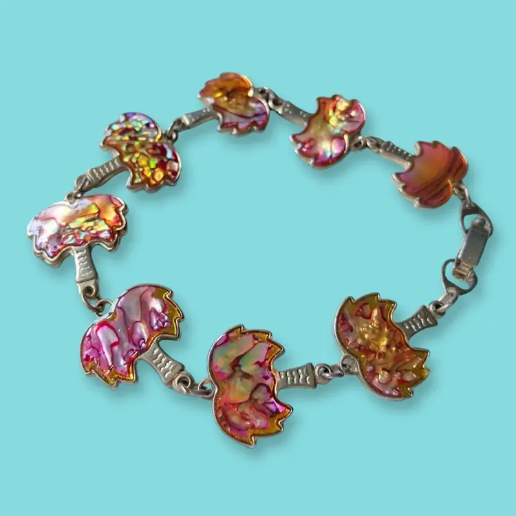 Vintage Abalone Paua Palm Tree Bracelet Fold Over Clasp Link pink orange green red gold tone beachy tropical 1970s
