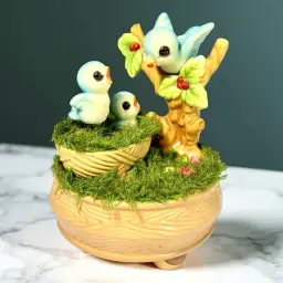 Vintage Josef Originals Flocked Bluebirds Music Box Plays Over The Rainbow HTF