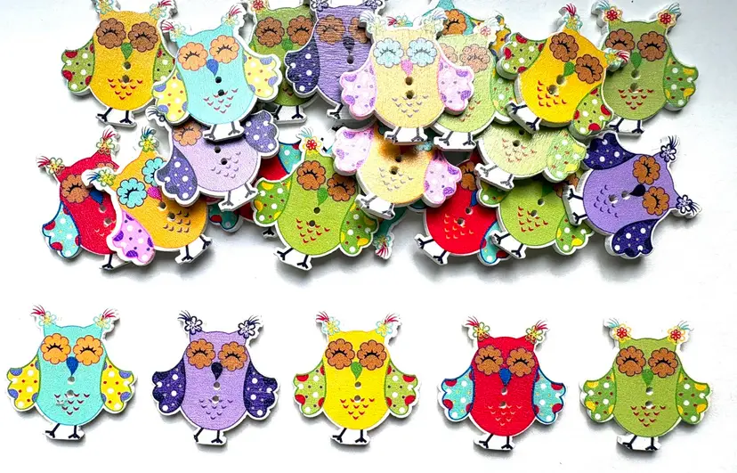 25 Owl 2-Hole Printed Wooden Buttons