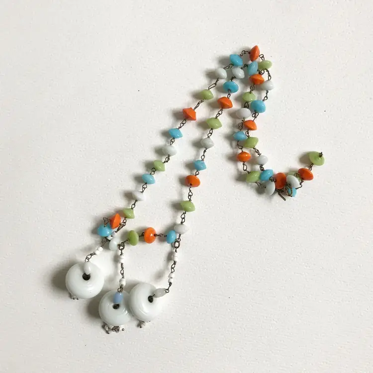 Vintage Saucer Art Glass Beaded Dangle Flapper Chain Linked Necklace