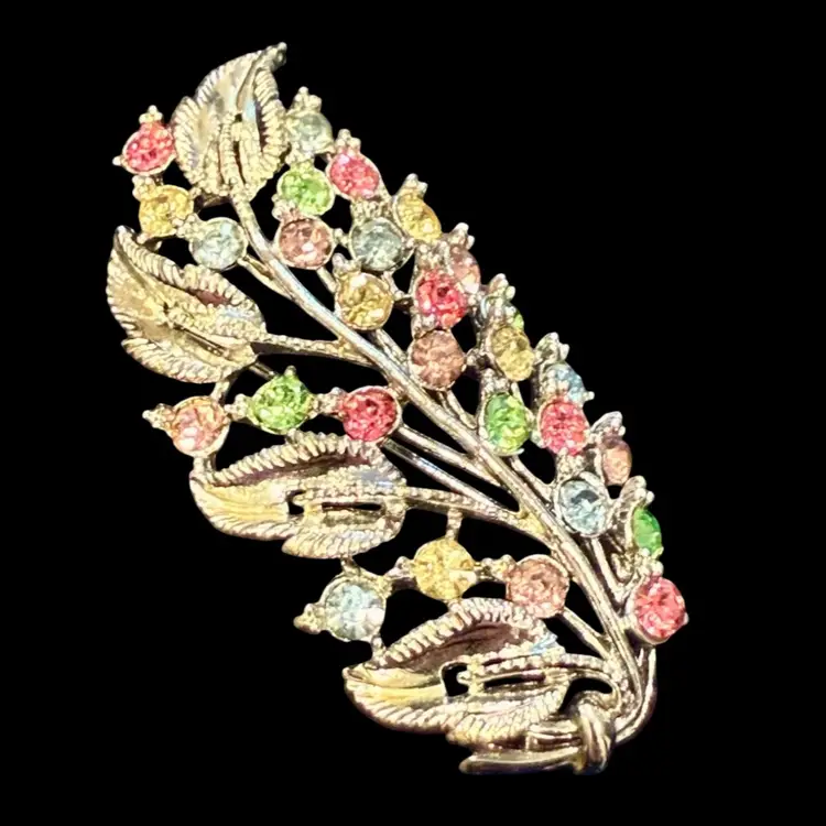 Vintage Star SilverTone Signed Pastel Rainbow Rhinestone Leaf Brooch, 2.5”