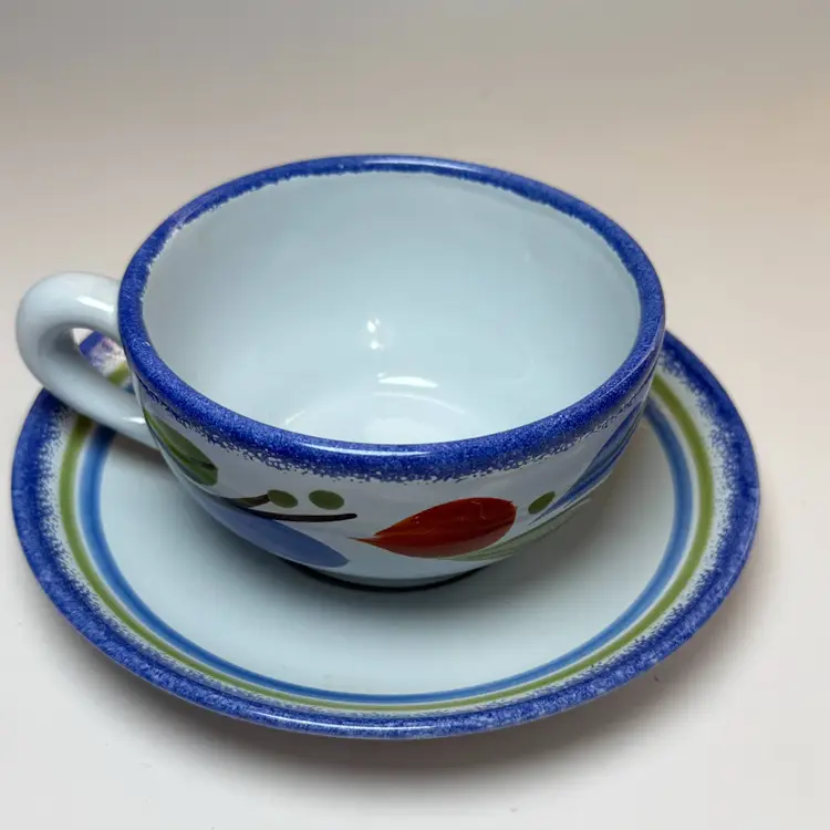 Henriot Quimper France Dejeuners Large Breakfast Cup & Saucer Blue Floral Leaf