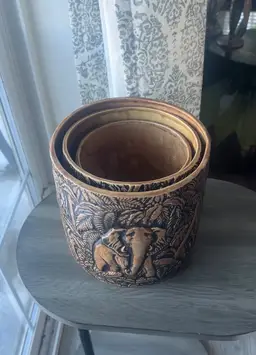 3pc MCM Jungle Scene Duncan Mold Elephant, Zebra, & Lion SIGNED Ceramic Planters