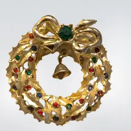 Gold Tone Holly Leaf Wreath Brooch With Rhinestones  2”X 2”