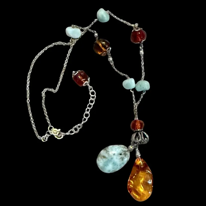 Larimar & Dominican Amber .925 Sterling G Silver Lariat Necklace 16โ With 2.25โ Extender