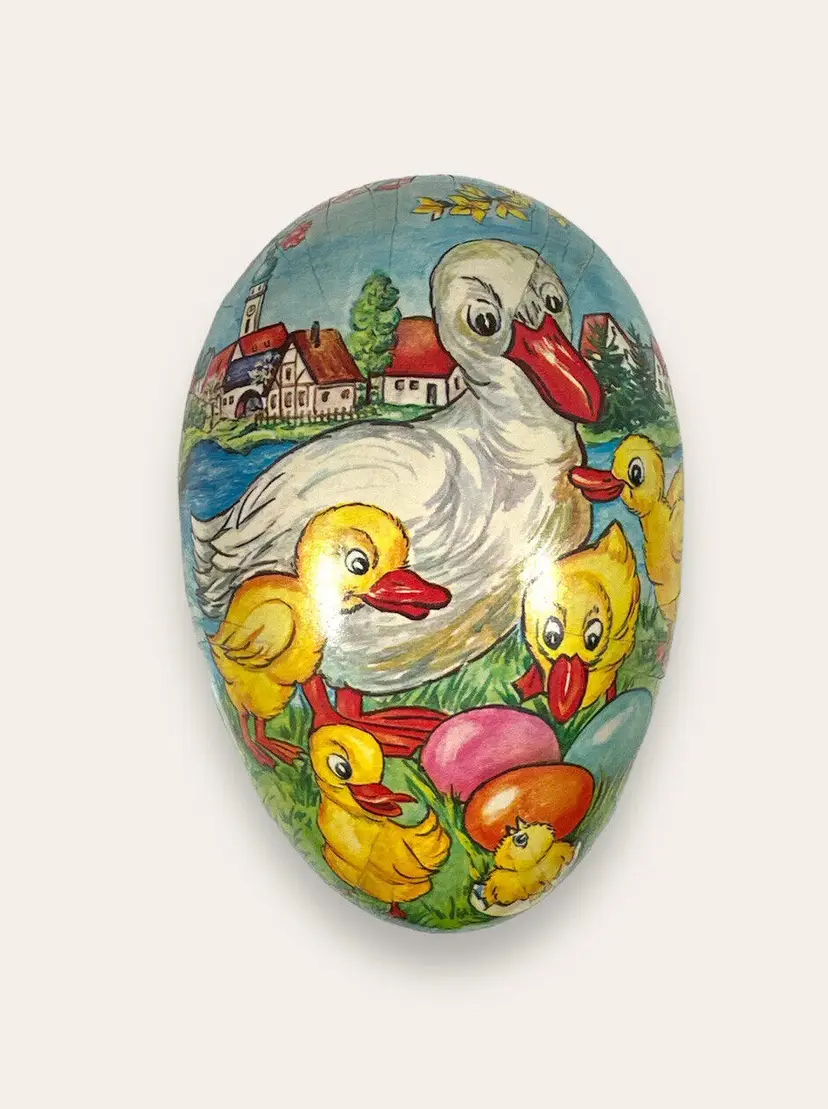 Vintage German Litho Dresden Paper Mache Easter Egg Candy Container Ducks Large