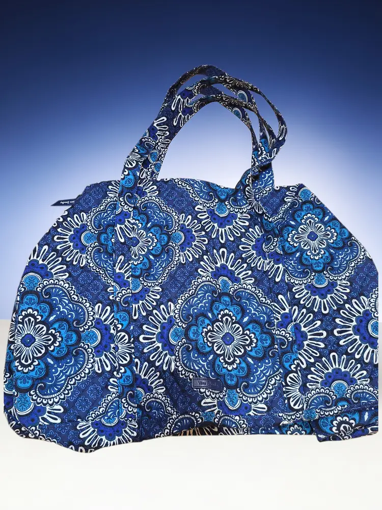 Vera Bradley Pleated Tote Shoulder Bag Blue Tapestry Duffle Bag 21.5 X 15.5"