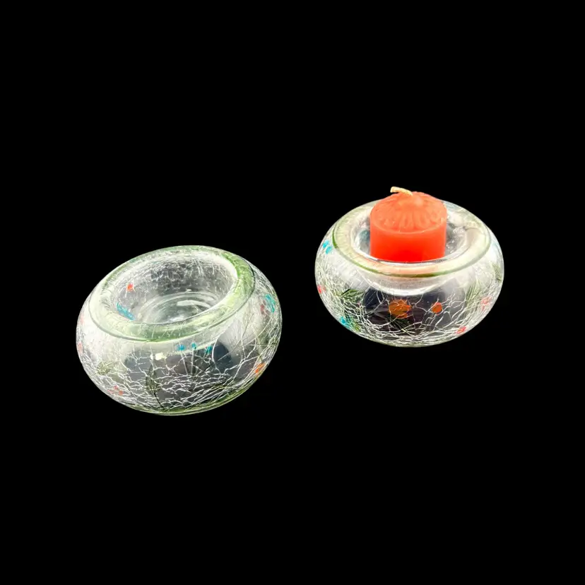 Vintage Yankee Candle Crackle Glass Votive Holders Set Of 2 2” Tall x 3.5” Wide