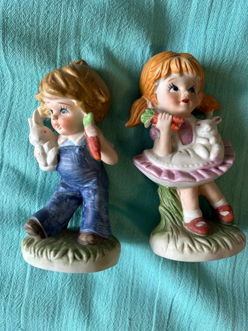 Vintage 2 Children Ceramic Figurines HOMECO Bunny & Carrot