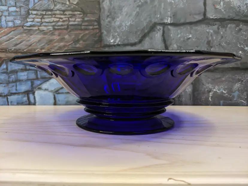 Beautiful  ART DECO  HEISEY Large Cobalt Blue Center Console Bowl 1930s Thumbprint Dot Panel 11in  Footed Flared