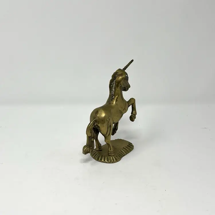 Solid Brass Rearing Unicorn Figurine: Vintage 5-Inch Gold Mythical Mid Century Statue (0004-25)