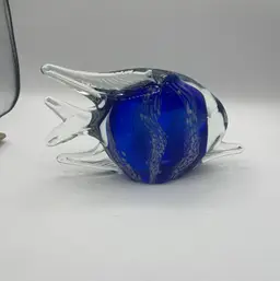 Blown Art Glass Fish Blue Stripe Fish Design 10.5” x 6”
