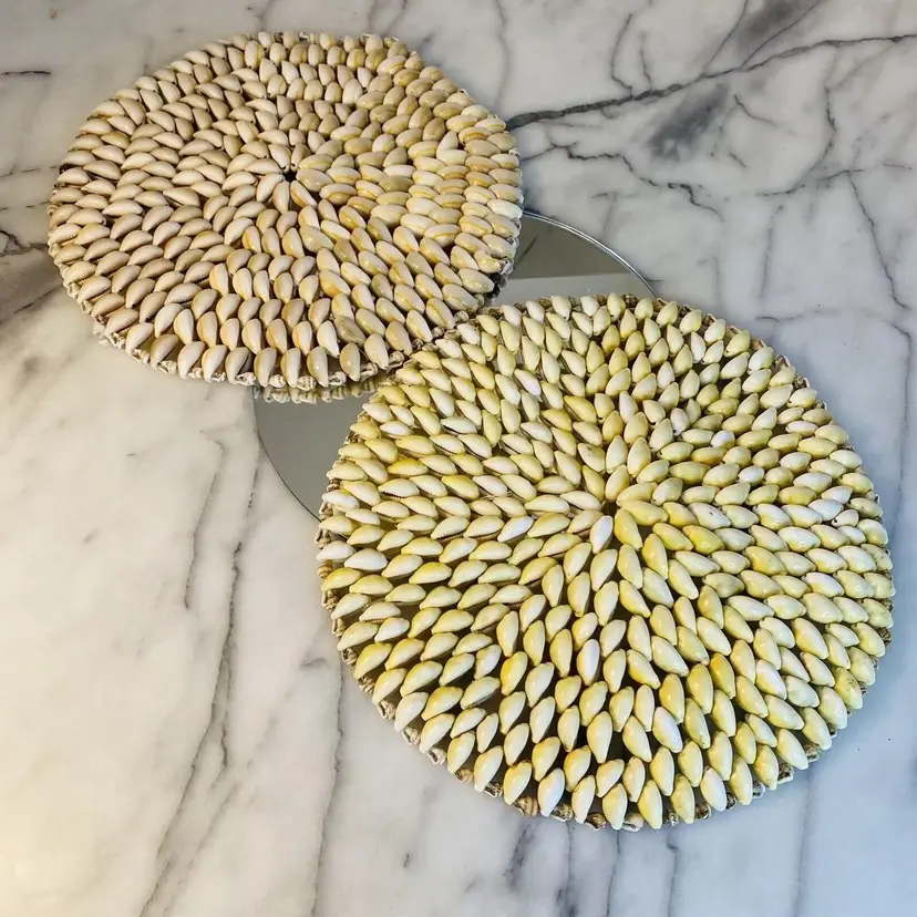 #4004 Pair Seashell Trivet Placemat Round Handmade Yellow and Beige