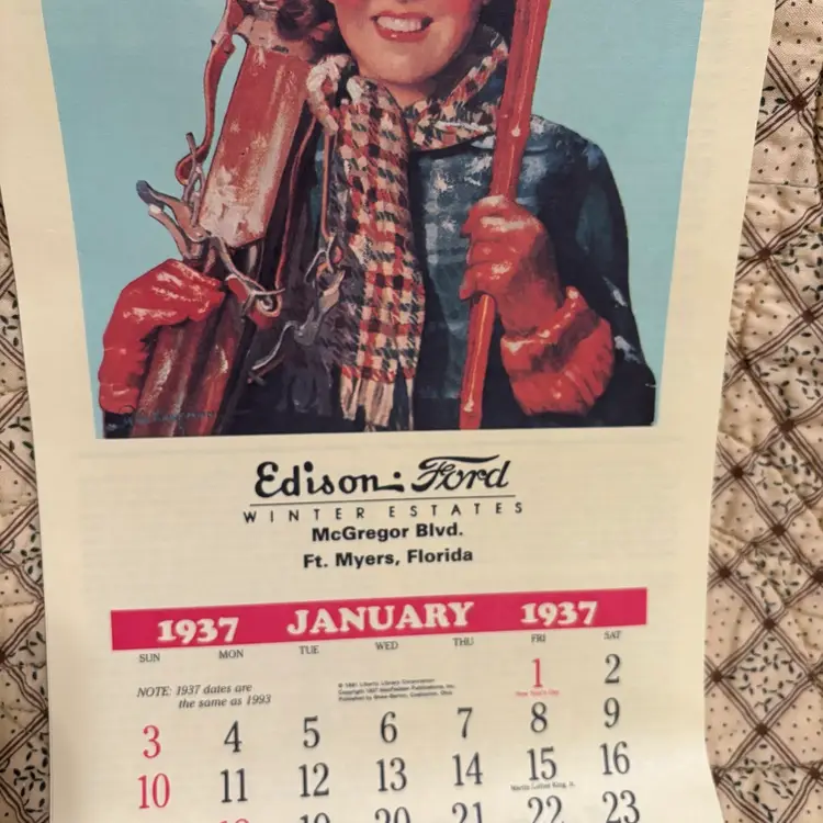 #11- 1991 Replica Of Liberty Edison Ford Advertising Calendar Of 1937.  Ft. Meyers, Florida Great Art