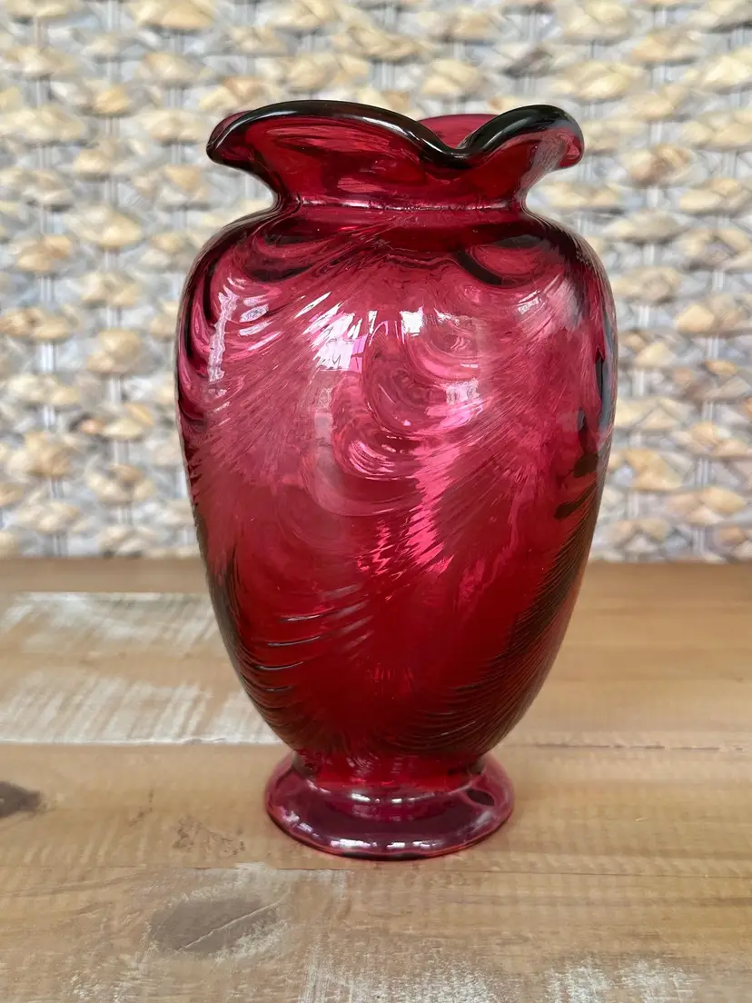 Fenton Glass Cranberry Drape Ruffle Top Vase 6.5”