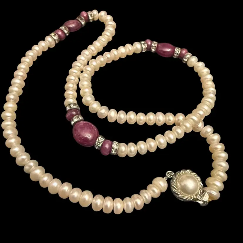 Beautiful Vintage Natural Pearl, Ruby Necklace