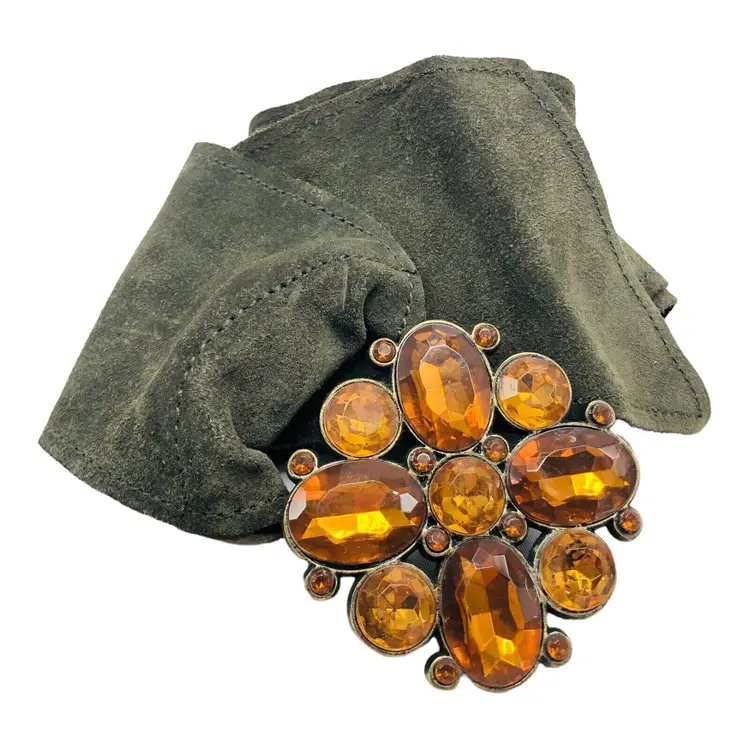 VTG Amber Tone Faceted Rhinestone Flower Belt Buckle Women's Belt Green Suede