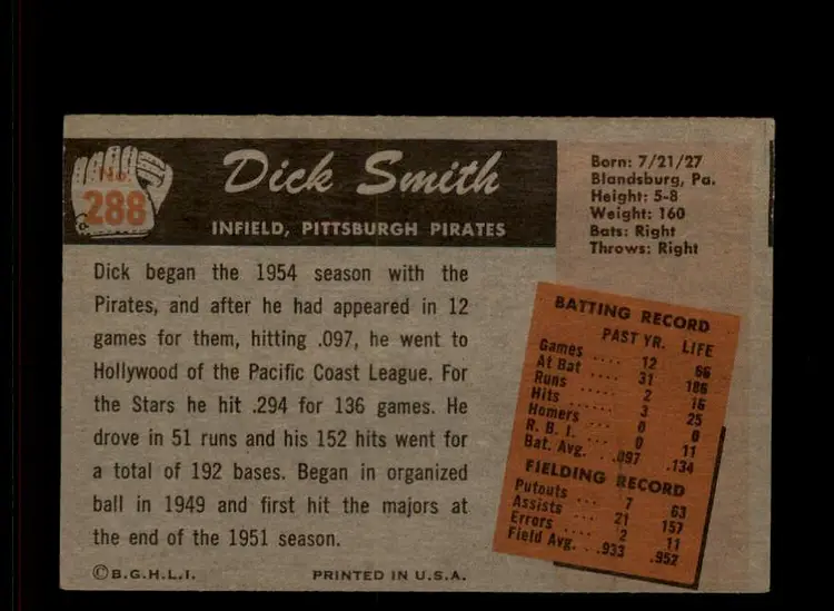 1955 Bowman #288 Dick Smith - (pk-tl3) - Pittsburgh Pirates
