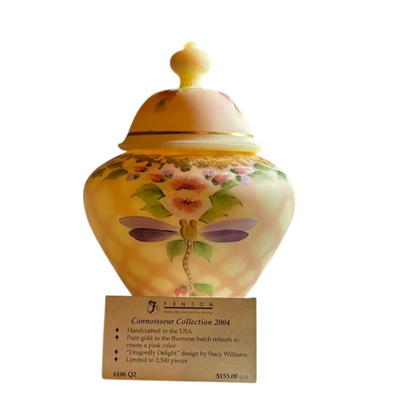 Fenton Burmese 7” Dragonfly Temple Jar - Connoisseur Collection 2004 - GLOWS 155/2500 Signed By George Fenton Designed By Stacy Williams