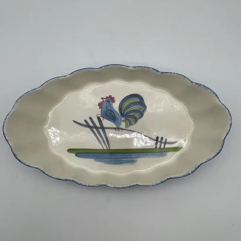 #20 Vintage Los Angeles Potteries Blue Stipple Rooster Augratin Serving Dish
