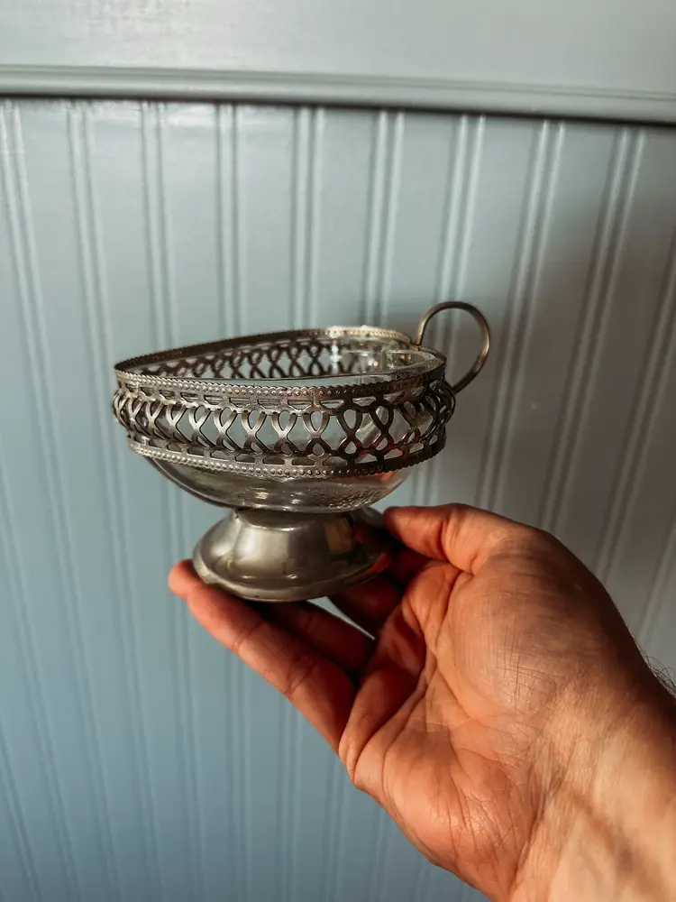 Silver Plate Heart Shaped Candy/Trinket Dish With Glass Insert - England