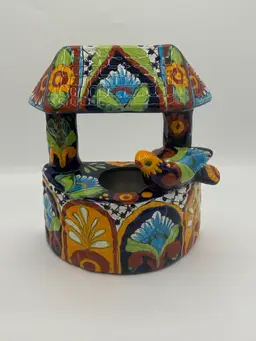 Talavera Mexican Pottery Wishing Well Planter/Wall Pocket W/Bird Vintage Signed