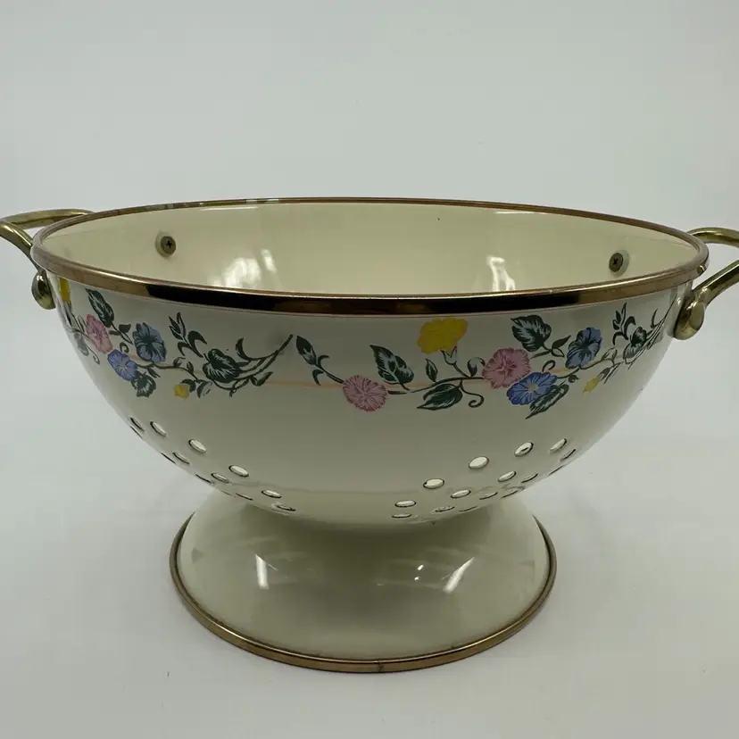 Vintage Enamel Over Stainless Steel Colander Strainer With Brass Handles