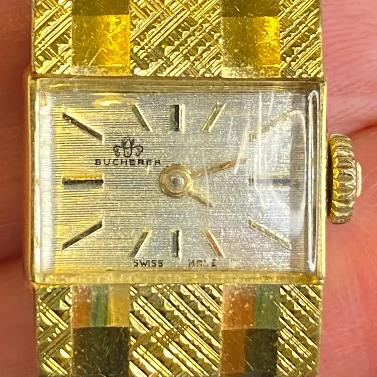 #02 Vintage Bucherer Ladies Swiss Watch Gold Tone Rectangle Face Textured Bracelet
