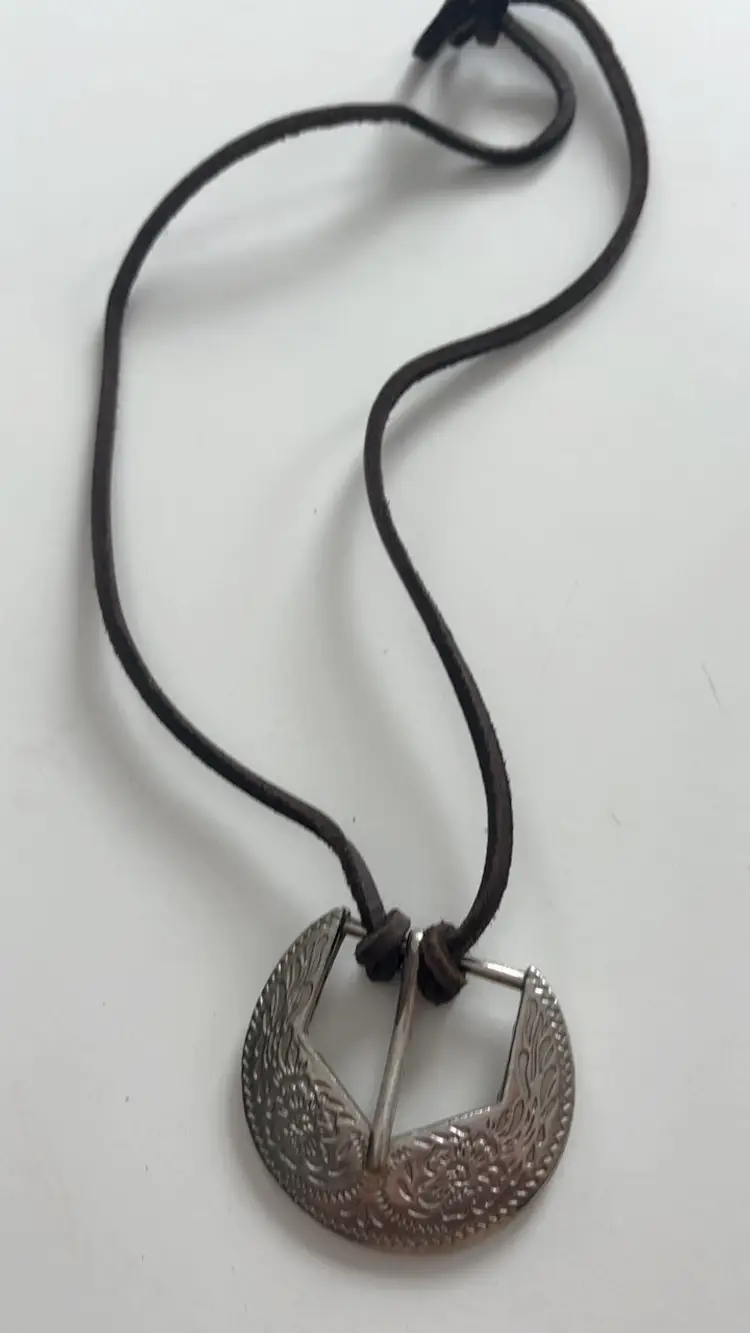 SILVER BELT BUCKLE NECKLACE WITH BROWN CORD